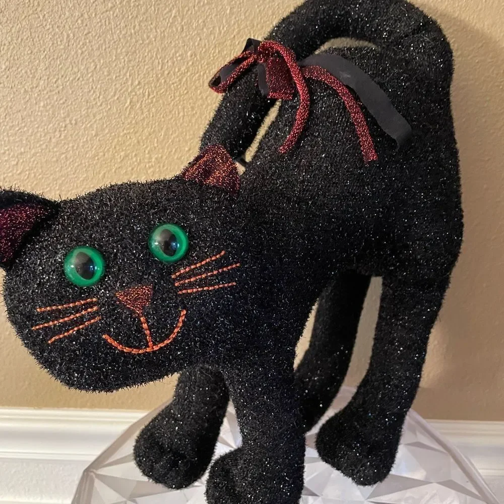 Vintage Black Cat Sparkling Green eyes Plush Free Standing Cat